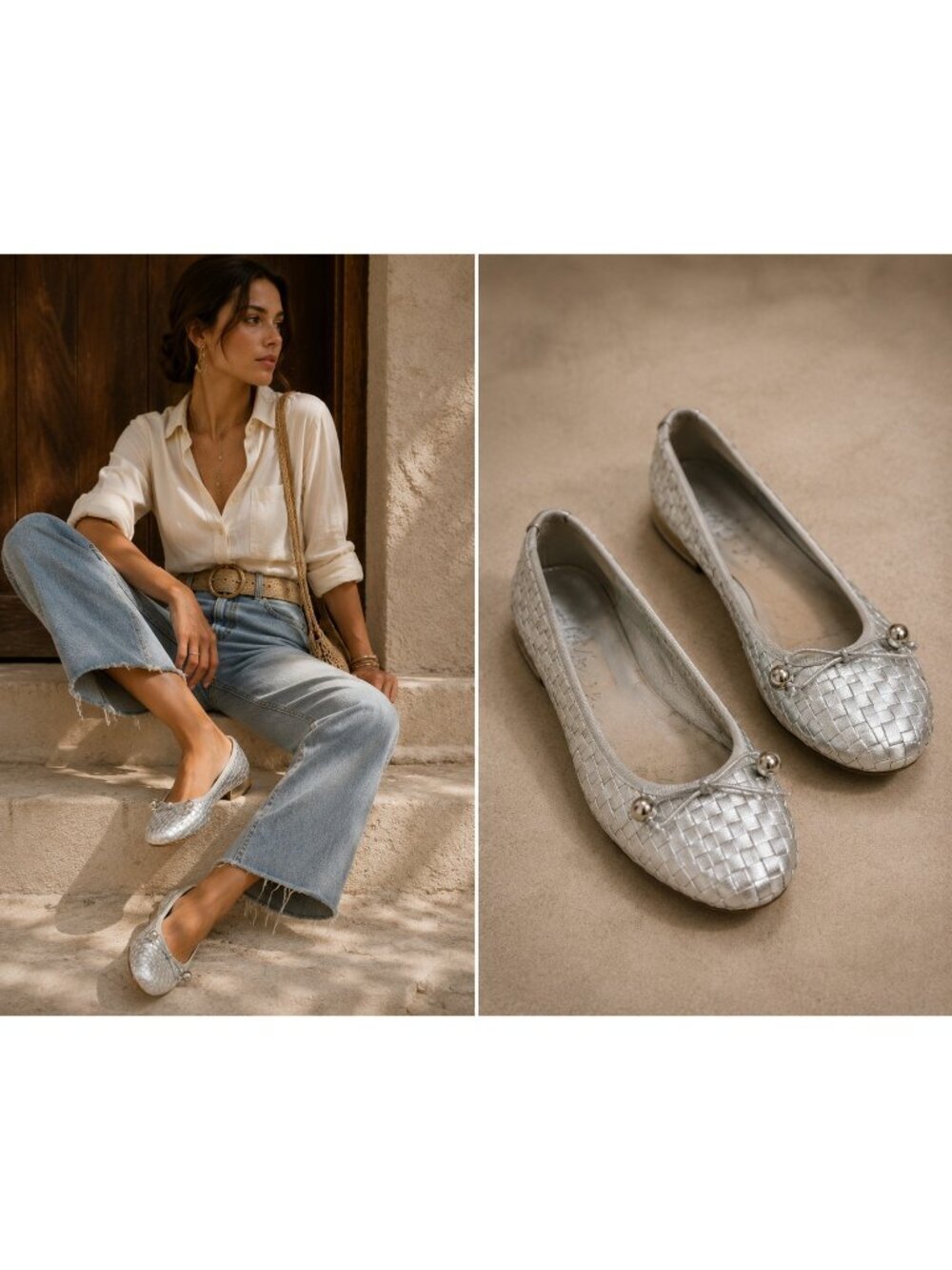 FS/NY French Sole Silver Woven Leather Ballet Flats Women's Size 9 Slip On
